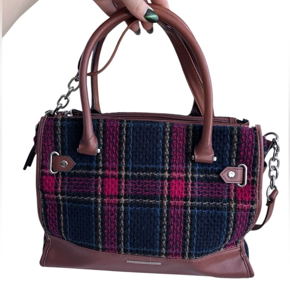 Plaid Wool Blend Satchel Handbag with Brown Faux Leather Trim — Great Storage!
